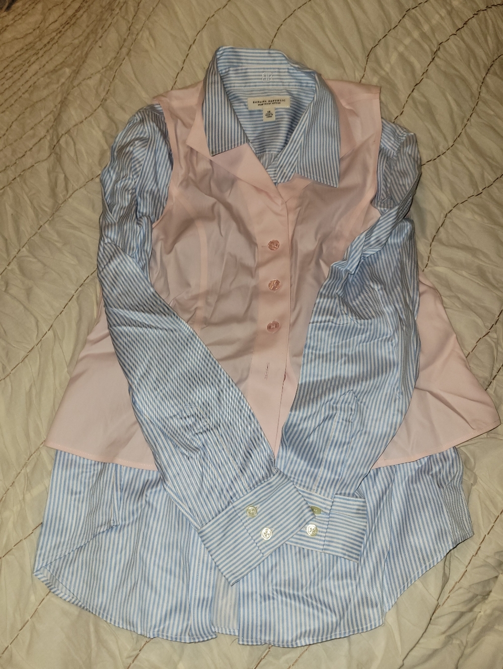 Banana Republic Blue Stripe Button-Up with Pale Pink Vest Layer